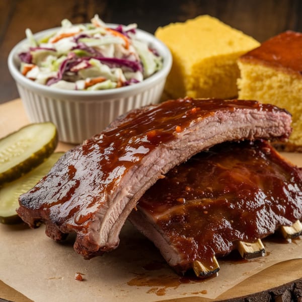 Papas Bar BBQ ribs with coleslaw, cornbread, and pickles on a wooden board.